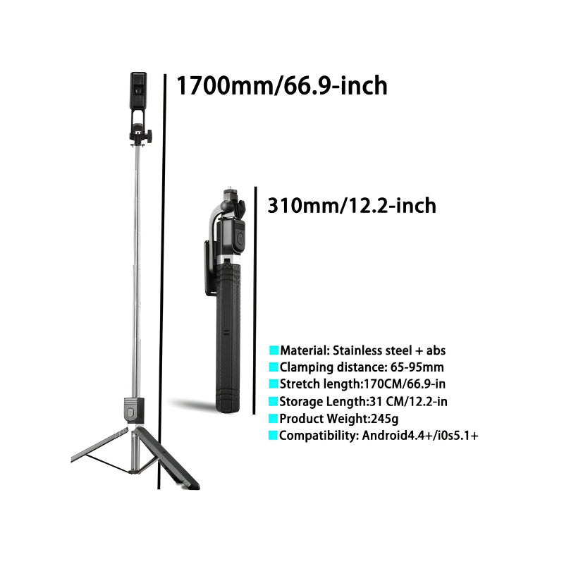 BD-17 Wireless Selfie Stick & Tripod Stand (1.7M, Bluetooth connectivity, foldable)