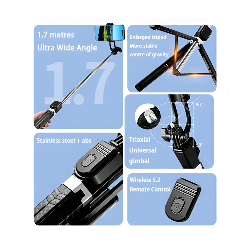 BD-17 Wireless Selfie Stick & Tripod Stand (1.7M, Bluetooth connectivity, foldable)