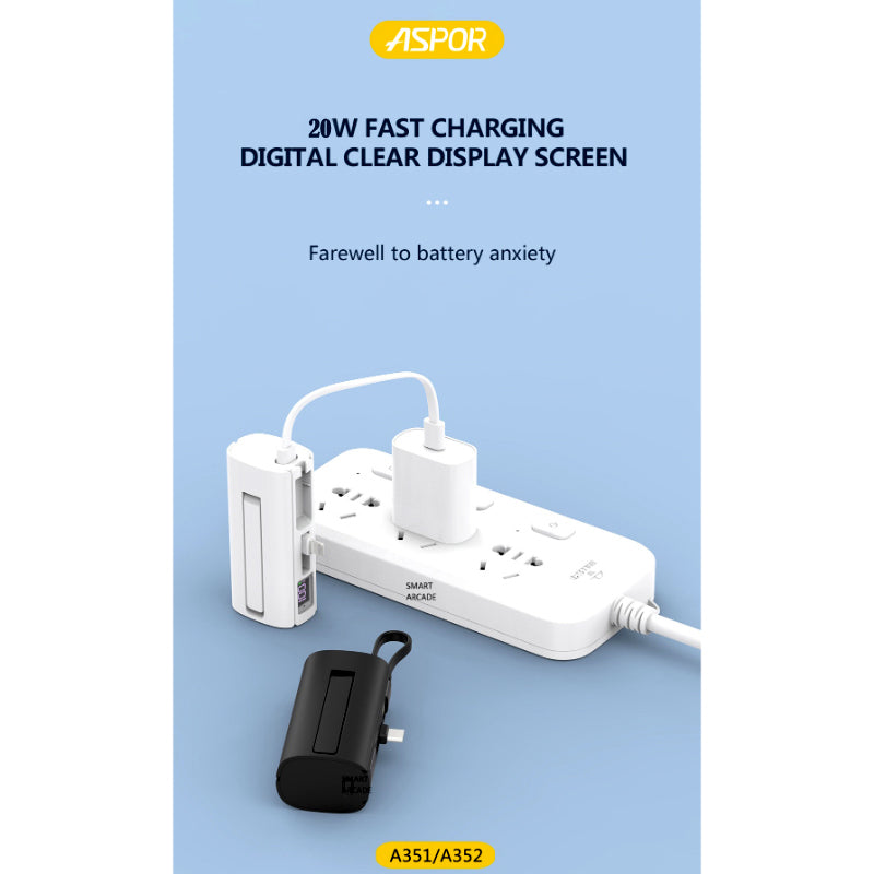 Aspor A351/A352 5000mAh, Mini Portable Power Bank (PD 18W, LED, Mobile Holder, Lightning & USB-C)