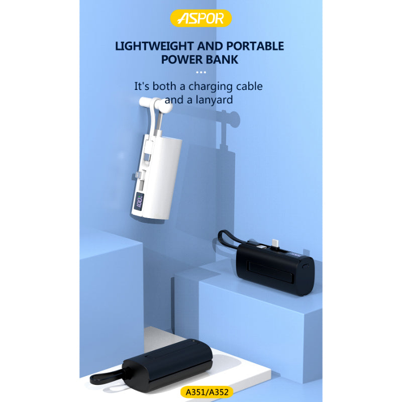 Aspor A351/A352 5000mAh, Mini Portable Power Bank (PD 18W, LED, Mobile Holder, Lightning & USB-C)