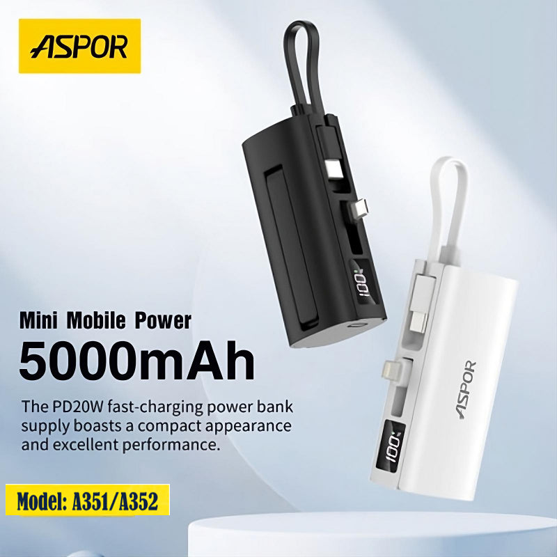 Aspor A351/A352 5000mAh, Mini Portable Power Bank (PD 18W, LED, Mobile Holder, Lightning & USB-C)