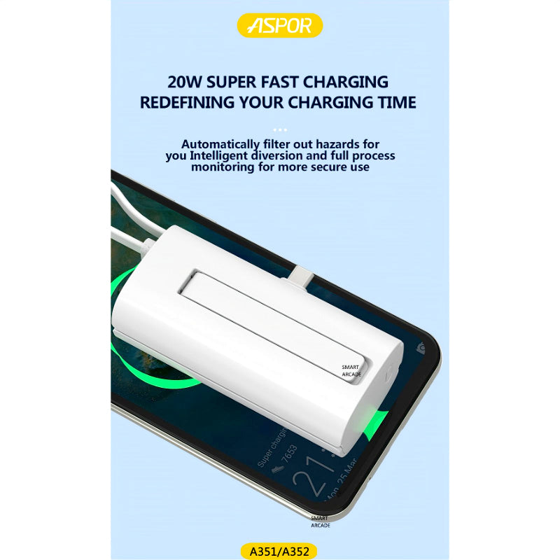 Aspor A351/A352 5000mAh, Mini Portable Power Bank (PD 18W, LED, Mobile Holder, Lightning & USB-C)
