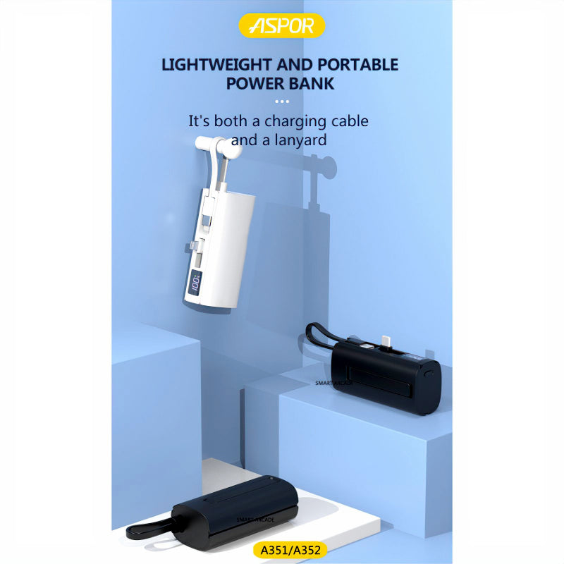 Aspor A351/A352 5000mAh, Mini Portable Power Bank (PD 18W, LED, Mobile Holder, Lightning & USB-C)