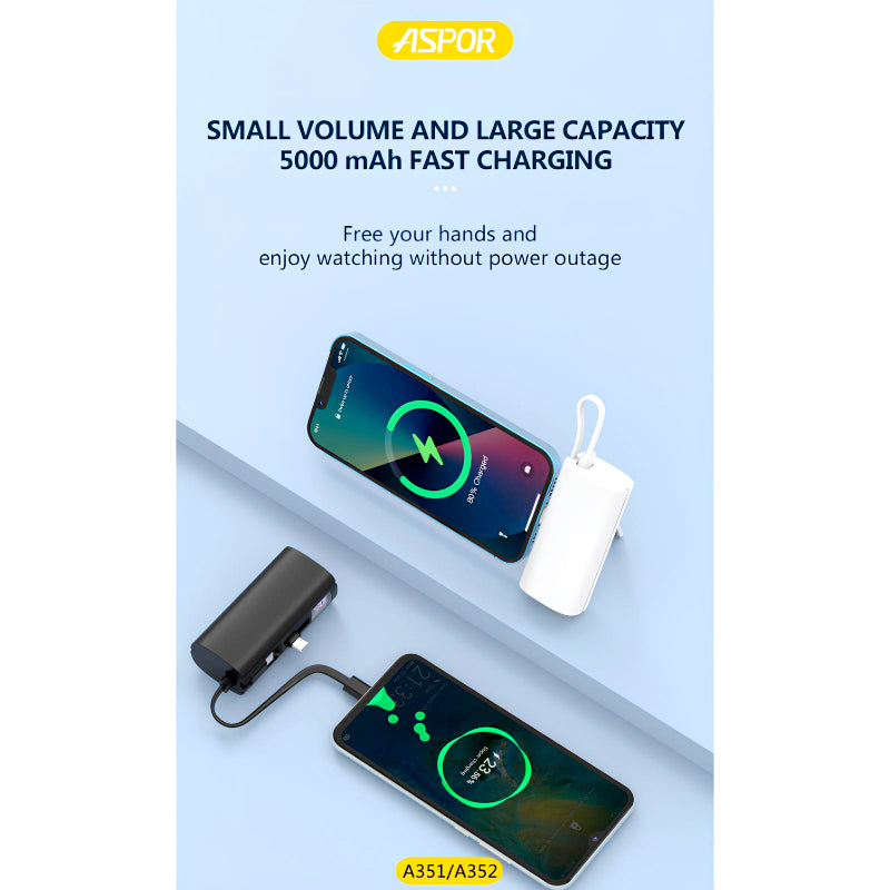 Aspor A351/A352 5000mAh, Mini Portable Power Bank (PD 18W, LED, Mobile Holder, Lightning & USB-C)