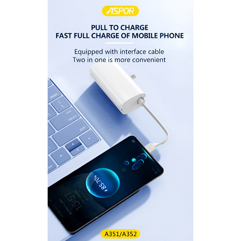 Aspor A351/A352 5000mAh, Mini Portable Power Bank (PD 18W, LED, Mobile Holder, Lightning & USB-C)