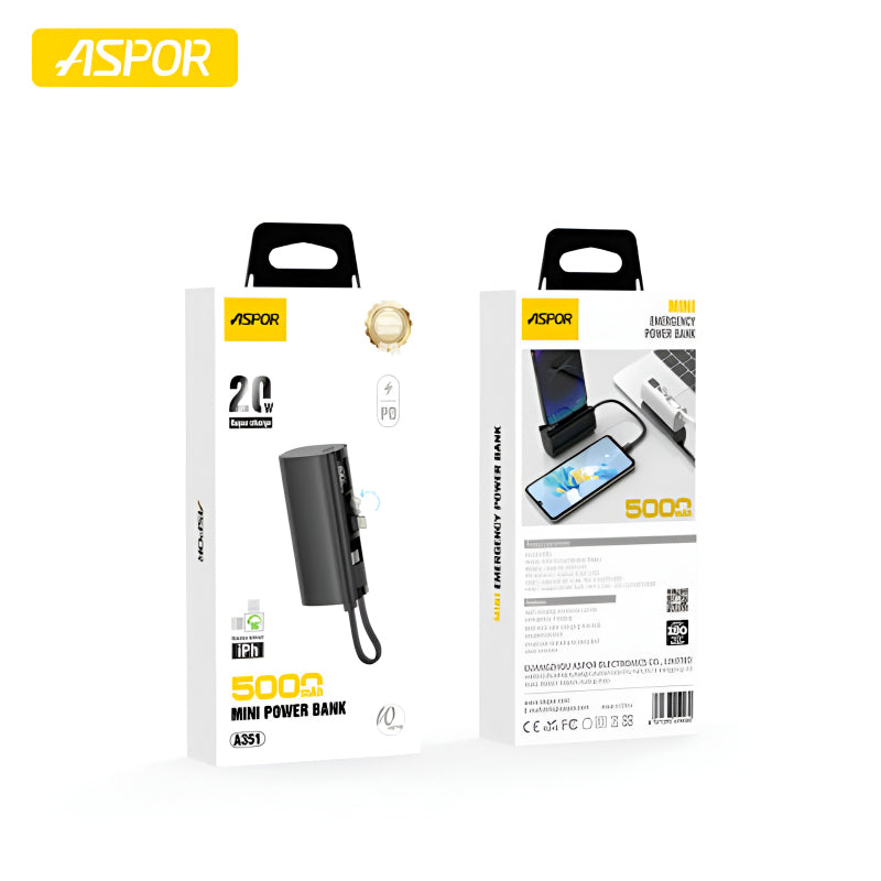 Aspor A351/A352 5000mAh, Mini Portable Power Bank (PD 18W, LED, Mobile Holder, Lightning & USB-C)