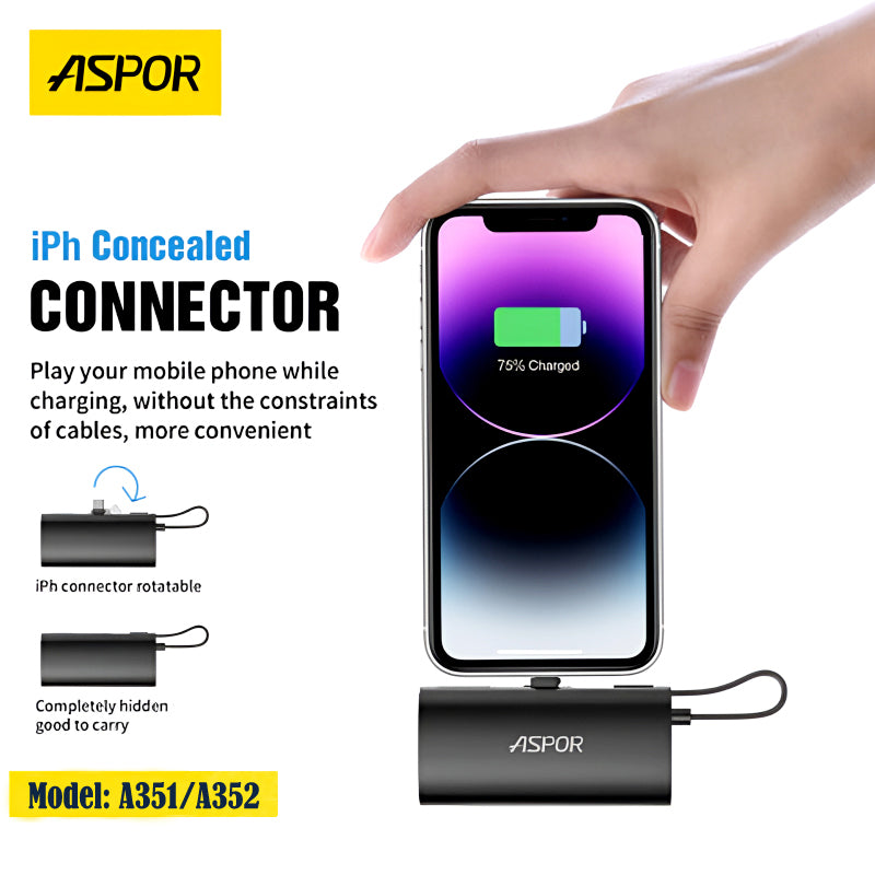 Aspor A351/A352 5000mAh, Mini Portable Power Bank (PD 18W, LED, Mobile Holder, Lightning & USB-C)