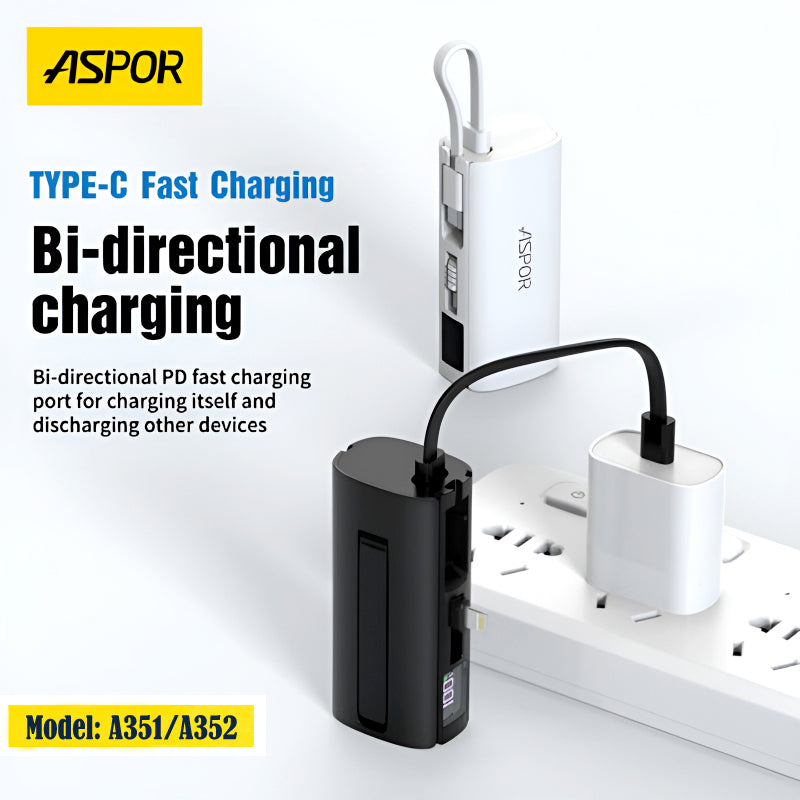Aspor A351/A352 5000mAh, Mini Portable Power Bank (PD 18W, LED, Mobile Holder, Lightning & USB-C)