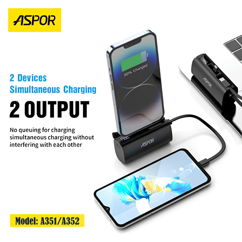 Aspor A351/A352 5000mAh, Mini Portable Power Bank (PD 18W, LED, Mobile Holder, Lightning & USB-C)