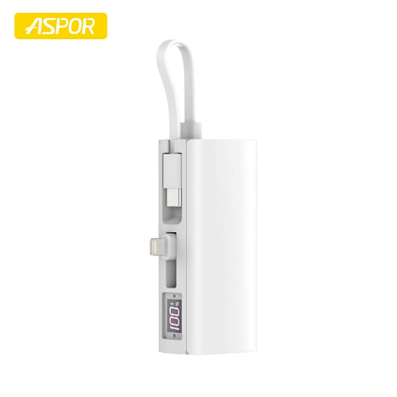 Aspor A351/A352 5000mAh, Mini Portable Power Bank (PD 18W, LED, Mobile Holder, Lightning & USB-C)