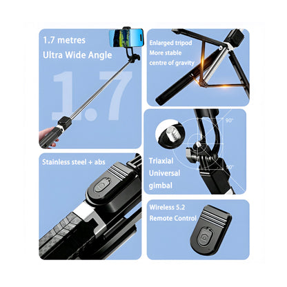 BD-17 Wireless Selfie Stick & Tripod Stand (1.7M, Bluetooth connectivity, foldable)