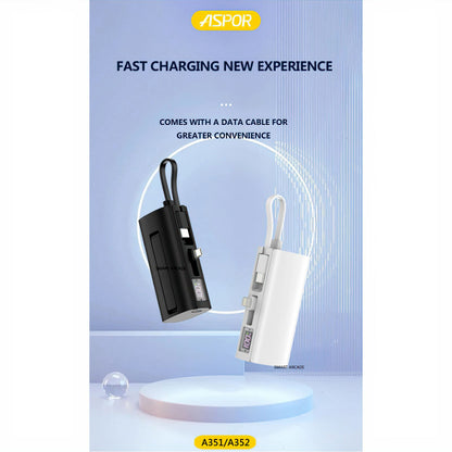 Aspor A351/A352 5000mAh, Mini Portable Power Bank (PD 18W, LED, Mobile Holder, Lightning & USB-C)