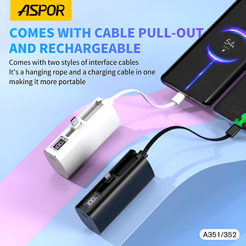 Aspor A351/A352 5000mAh, Mini Portable Power Bank (PD 18W, LED, Mobile Holder, Lightning & USB-C)