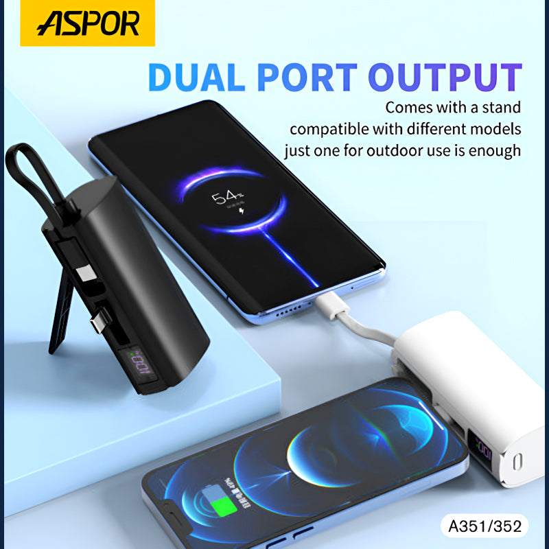 Aspor A351/A352 5000mAh, Mini Portable Power Bank (PD 18W, LED, Mobile Holder, Lightning & USB-C)