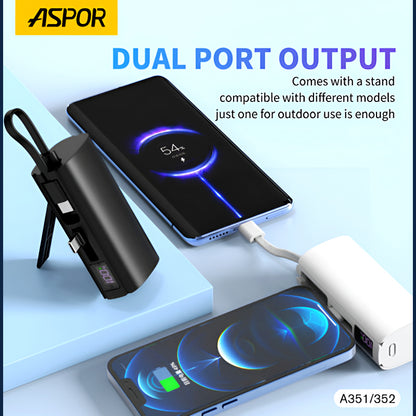 Aspor A351/A352 5000mAh, Mini Portable Power Bank (PD 18W, LED, Mobile Holder, Lightning & USB-C)