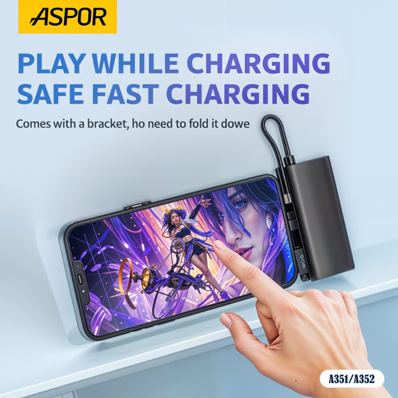 Aspor A351/A352 5000mAh, Mini Portable Power Bank (PD 18W, LED, Mobile Holder, Lightning & USB-C)