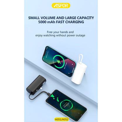 Aspor A351/A352 5000mAh, Mini Portable Power Bank (PD 18W, LED, Mobile Holder, Lightning & USB-C)