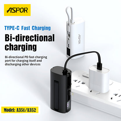 Aspor A351/A352 5000mAh, Mini Portable Power Bank (PD 18W, LED, Mobile Holder, Lightning & USB-C)