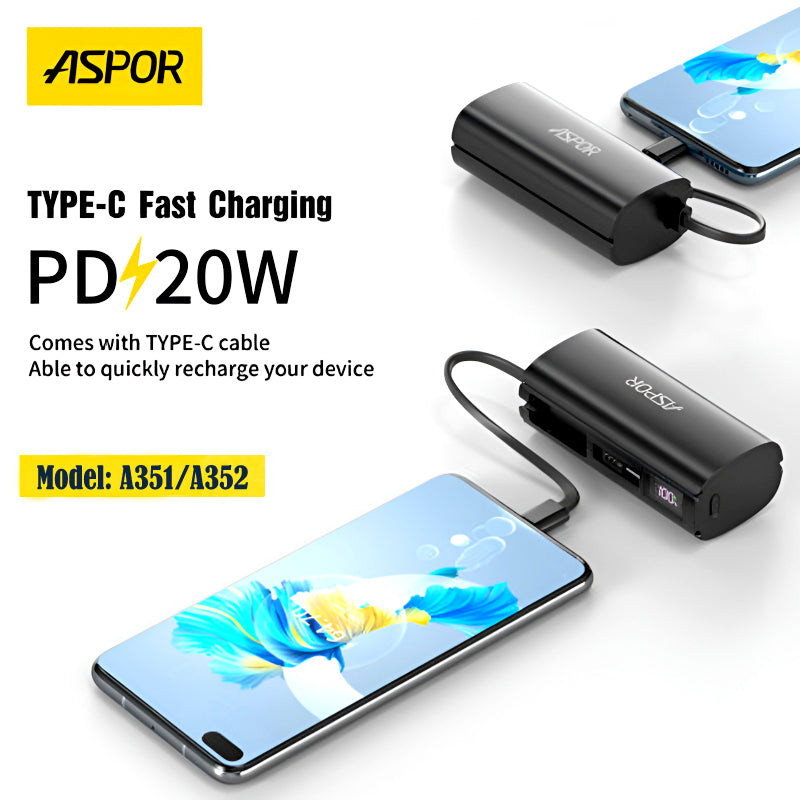 Aspor A351/A352 5000mAh, Mini Portable Power Bank (PD 18W, LED, Mobile Holder, Lightning & USB-C)